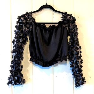 SHEIN Black Crop Top with Sheer Flower Pedal Long Sleeves, Size M